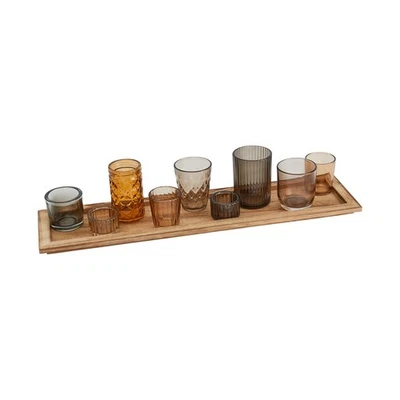 Wood Tray with 9 Brown Glass Votive Holders (Set of 10 Pieces) - Image 1 of 4