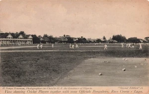 LAGOS NIGERIA CRICKET PLAYERS ON FIELD ~BUNGALOWS~ RACE COURSE POSTCARD 102925 U - Picture 1 of 2