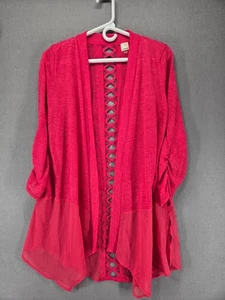 A. Moon Cardigan, Lace Cut Out Detail on Back, Hot Pink, Sheer Bottom, Small - Picture 1 of 8