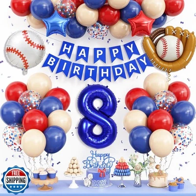 Decoraciones de béisbol octavo cumpleaños para niños, azul marino rojo desnudo octavo pa de béisbol Foto 1 de 4
