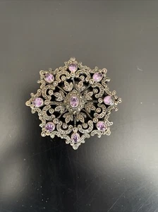 Vintage Sterling Silver Marcasite Amethyst Brooch - Picture 1 of 8