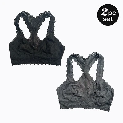 2-PC Felina Lace T-Back Bralettes Sz M Black Castlerock Gray Romantic Whimsigoth - Image 1 of 4