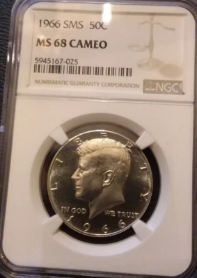 1966 NGC MS 68 CAMEO SMS SILVER KENNEDY HALF ** RARE NEAR PERFECT DPL CAMEO ** - Image 1 of 4