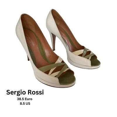  Tacones peep-toe Sergio Rossi marfil y verde oliva con tiras - talla 38,5 euros 8,5 EE. UU. Foto 1 de 4