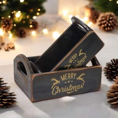 Rustic Vintage Black Merry Xmas Boxes Wooden Gift Display Storage Crate - Set 2 - Image 1 of 4
