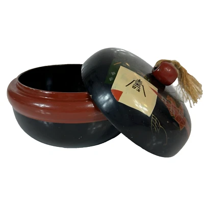 Vintage Japanese Red Black Lacquerware Round Wood Trinket Boxes Tassel Origami - Image 1 of 4