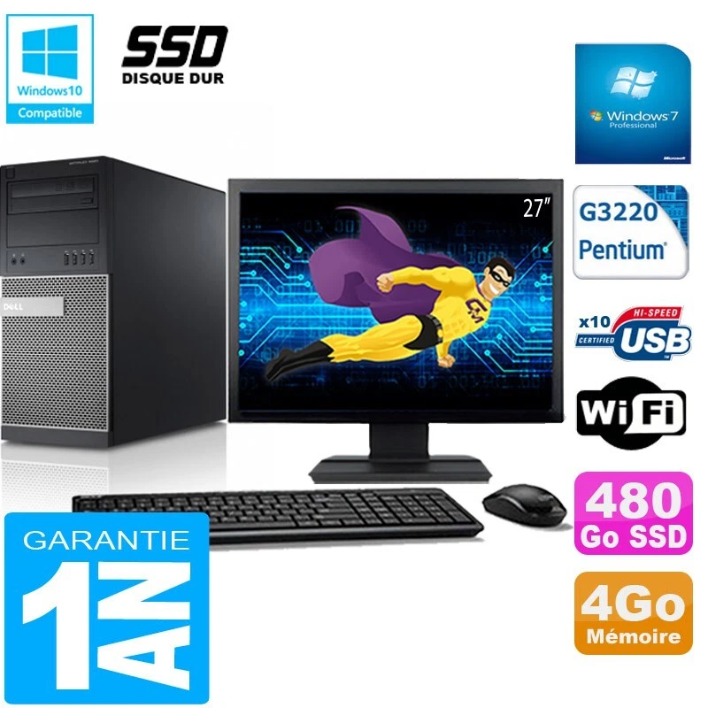 PC tour DELL 9020 Intel G3220 RAM 4Go Disco 480 Go SSD Wifi W7 Pantalla 27" - Imagen 1 de 1
