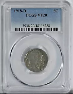 1918-D 5C Buffalo Nickel PCGS VF20 Graded Very Fine Five Cents Coin 3938 - Picture 1 of 2