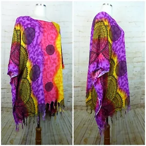 Poncho Caftán Con Manga Flecos Talla Única Rayón Rayas Medallón Hippie Playa - Imagen 1 de 18