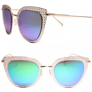 Modern Stylish Chic Green Mirrored Lens Cat Eye Sunglasses Gold Laser Cut Frame - Picture 1 of 4