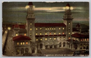 Atlanta GA Train Station Spring Str. Night View Terminal 1913 Full Moon Postcard - Picture 1 of 3