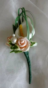 1 Ivory & Peach Foam Calla Lily & Rose Corsages Wedding Flowers - Picture 1 of 2