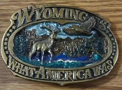 Hebilla de cinturón de colección 1983 "Wyoming Is What America Was" ~ Great American Buckle Company Foto 1 de 3