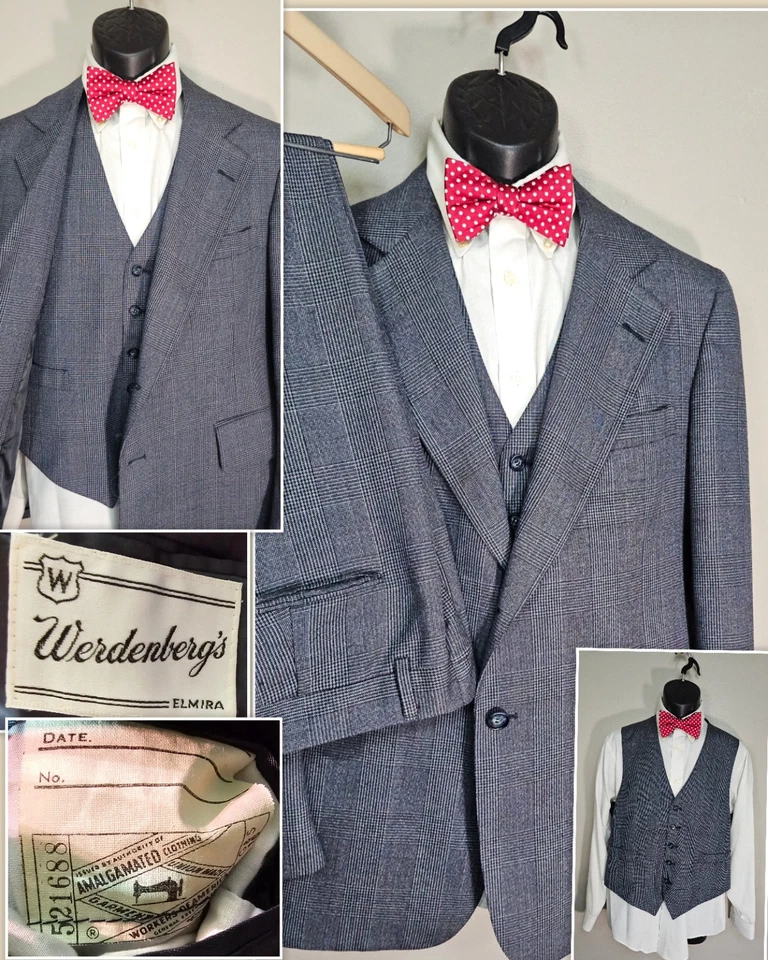Traje de 3 piezas de lana azul Werdenberg 39R, 34x27 + corbata nueva con etiquetas años 60/70 Union Made 🇺🇸 Foto 1 de 4