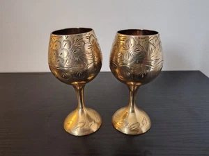 Vintage Brass Goblet Vintage Retro Gold Coloured Wine Chalice Cup Etched - Picture 1 of 8