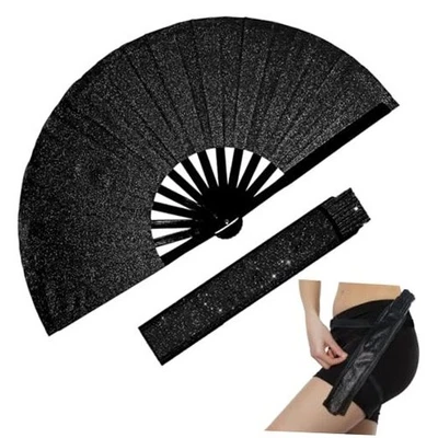  Ventilador Rave Grande Plegable Brillo, Ventilador de Mano Clack con Correa para la Pierna y Negro Foto 1 de 4