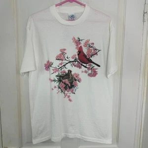 Vintage Cal Cru Cardinal Floral Wildlife Flower T-Shirt Erwachsene Large weiß Vintage SS - Bild 1 von 8