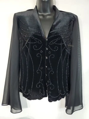 BLUSA MUJER J.R. NITES BY CALIENDO TALLA 6 CUENTAS Terciopelo Manga Transparente HECHA EN EE. UU. Foto 1 de 4