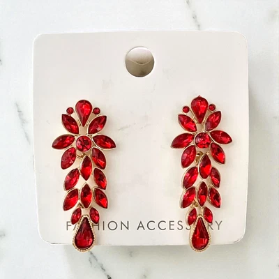 2” Long Red Acrylic Crystals Rhinestones Dainty Casual Chic Elegant Earrings - Image 1 of 3