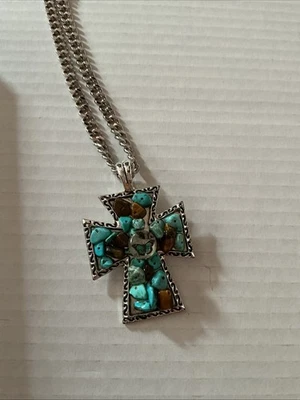 Turquoise And Tiger’s Eye With Butterfly Cross Pendant On 20” Cuban Link Chain - Image 1 of 3