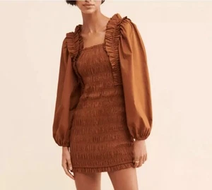 Endless Rose XS Brown Puff Sleeve Dress Smocked Ruched Ruffle Long Anthropology - Picture 1 of 5