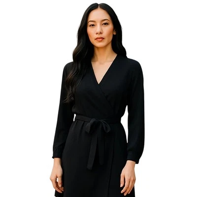 Vestido envolvente Old Navy para mujer talla S negro manga larga abullonada lazo en la cintura hasta la rodilla Foto 1 de 4