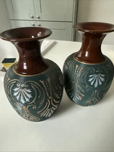 Pair Vintage Langley Mills Studio Art Pottery Green Blue Gold Corset Vases - Picture 1 of 7