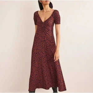 Boden Women's Ruched Jersey Midi Dress Spiced Apple Abstract UK12R US8R - Picture 1 of 11