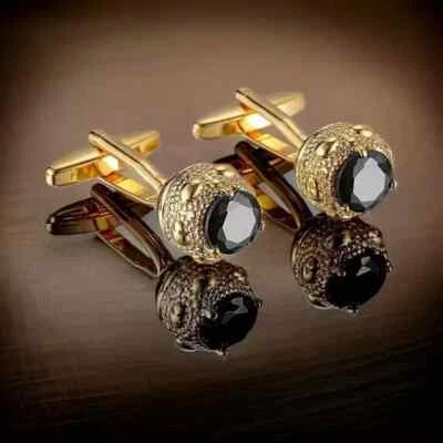 Lab Created Black Diamond 2Ct Round Cut Men's Cufflinks 14K Yellow Gold Plated - Image 1 of 4