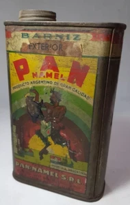 ANTIQUE RARE ARGENTINA OUTDOOR VARNISH CAN TIN BOX MULTICOLOR DRAWN FAUN FIGURE - Picture 1 of 8