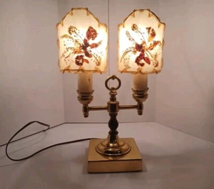 Vintage Brass Double Arm Table, Night Stand Lamp   2 Shades 12.5” Tall Old. - Picture 1 of 14