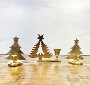 Vintage Solid Brass Christmas Tree Candle Holders Mini Taper Candles Set Holiday - Picture 1 of 24
