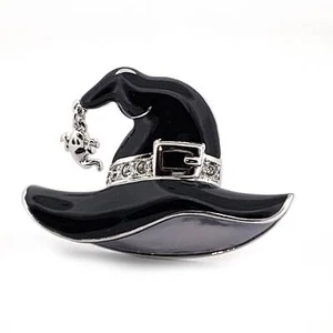 Witches Hat Pin Brooch Rhodium Plated Metal Alloy Set With Enamel & Crystals - Picture 1 of 9