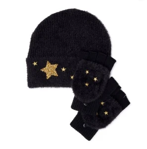 2-Piece Girls Starry Night Beanie Hat Gloves Set Gold Sequins Faux Fur Mittens - Picture 1 of 2
