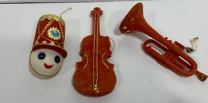 Lot 3 Star Band Flocked Ornaments Xmas Trumpet Violin Orange Red Vtg Instrument - Picture 1 of 12