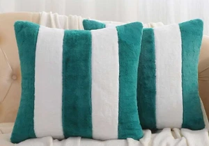 2 pk TEAL & WHITE Striped Throw Pillow Covers 20"x20" SOFT Furry Faux Fur VELVET - Picture 1 of 4