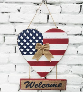 Wooden Patriotic Welcome Sign with American Flag Hearts 4th of July Decoration  - Picture 1 of 2