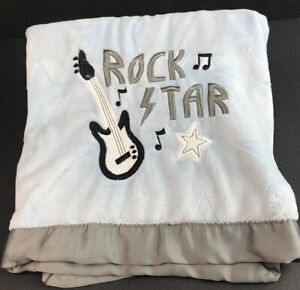 Tiddliwinks Rock Star Blue Baby Blanket Guitar Stars Gray Satin Trim A8