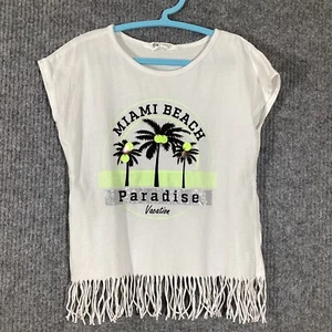 H&M White Short Sleeve Tasselled Miami Beach Graphic Top Girls Age 8 - 10 Years - Picture 1 of 8