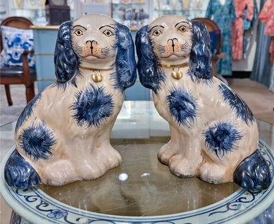 Staffordshire Reproduction Porcelain Blue Dogs Figurines Spaniels 9.5 Inch