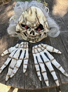 Skeleton Skull Mask Halloween Costume Full Face Latex Gray Hair & Hands - Picture 1 of 5