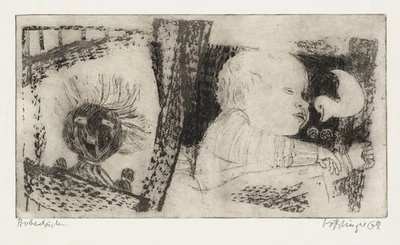 Schlafender Säugling mit Puppe,  1968, Rad. Expressionismus Unbekannt (20.Jhd) - Bild 1 von 4