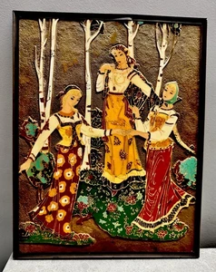 Vintage USSR Mid-century Metal Enamel Wall Wooden Picture “Folk Dance Of 3“ - Picture 1 of 12