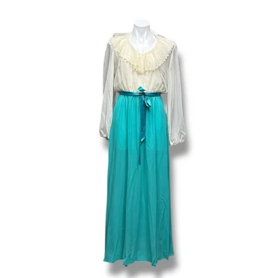 Maxi Vestido Vintage Chifón Encaje Volantes Escote Manga Abullonada Cottagecore Talla 10 Foto 1 de 4