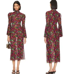 Misa Los Angeles Elektra Midi dress floral flutter sleeves sheer mesh L Fitted - Bild 1 von 10