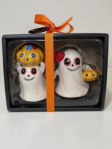 Blue Sky Clayworks Ghosts Pumpkin Salt Pepper Shaker Set Halloween Day Of Dead - Picture 1 of 5