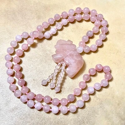 Rose Quartz Elephant Necklace, Hand Knotted Beaded Gemstone Crystal Jewelry, 30" - Image 1 of 4