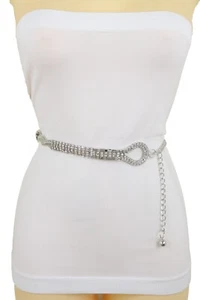 Women Waist Hip Silver Metal Chain Braided Band Belt Bling Flower Charm S M L - Picture 1 of 12