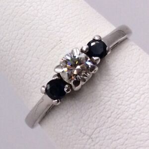14k White Gold .51TCW Diamond & Blue Sapphire Engagement Ring Size 7.5 2.2gr