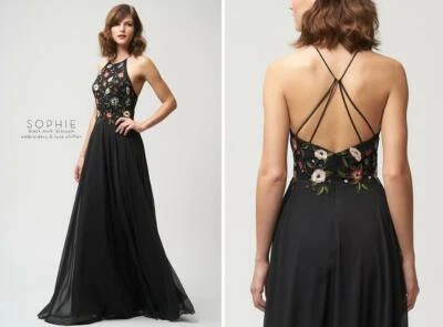 JENNY YOO Black Floral Embroidered Sophie Open Back Chiffon Skirt Maxi Gown 4 US - Imagem 1 de 4